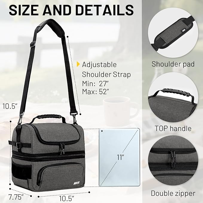 MIER Dual Compartment Lunch Bag Tote with Shoulder Strap for Men and Women Insulated Leakproof Cooler Bag, Grey