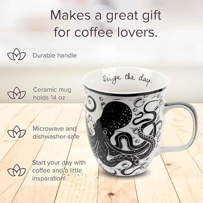 Karma Gifts 16 oz Black and White Boho Mug Octopus - Cute Coffee and Tea Mug - Ceramic Coffee Mugs for Women and Men