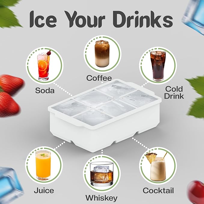 KitchFort Large Silicone Ice Cube Tray (2-Pack), Easy Release 2" Big Ice Cubes - Cocktail, Whiskey Ice Cubes Mold - Ice Trays for Freezer with Lid - Stackable Silicone Ice Tray - White