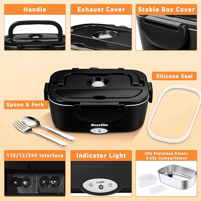 Electric Lunch Box for Adults, 80W Heated Lunch Box, 1.5L Stainless Steel Container | 12V/24V (Car/Truck) & 110V (Office/Home) | with Fork&Spoon and Insulated Carry Bag (Black-Dual Container)