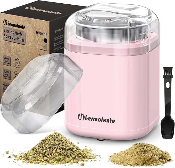 Herb and Spice Grinder, 200W Electric With Stainless Steel Blade, Cleaning Brush - Compact Size 5.11in (Pink)