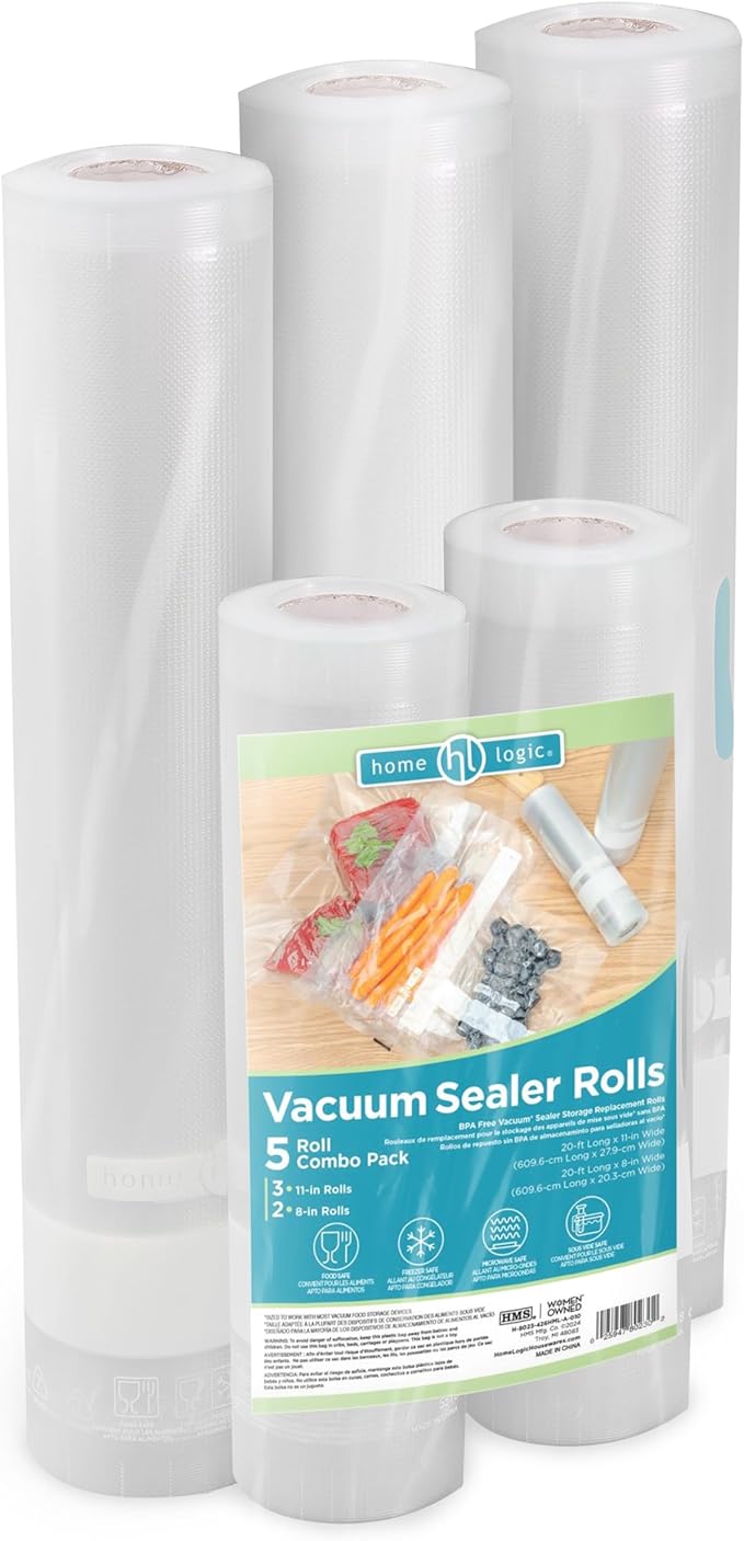 Home Logic Vacuum Bags for Food Sealer Rolls 11 and 8 Inch 20 FT Combo Pack for Freezer and Sous Vide - Microwave Safe Combo Pack Rolls (2-8x20, 3-11x20) Clear