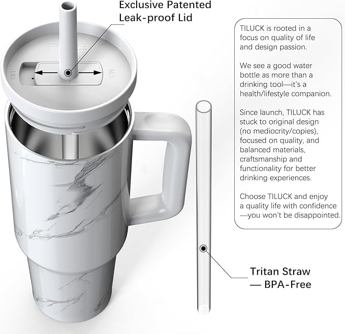 TILUCK 40 oz Tumbler with Handle, Vacuum Insulated Stainless Steel Travel Mug with 100% Leak-Proof Silicone Straw Lid, Cupholder Friendly Water Bottle(Marble, 40oz)