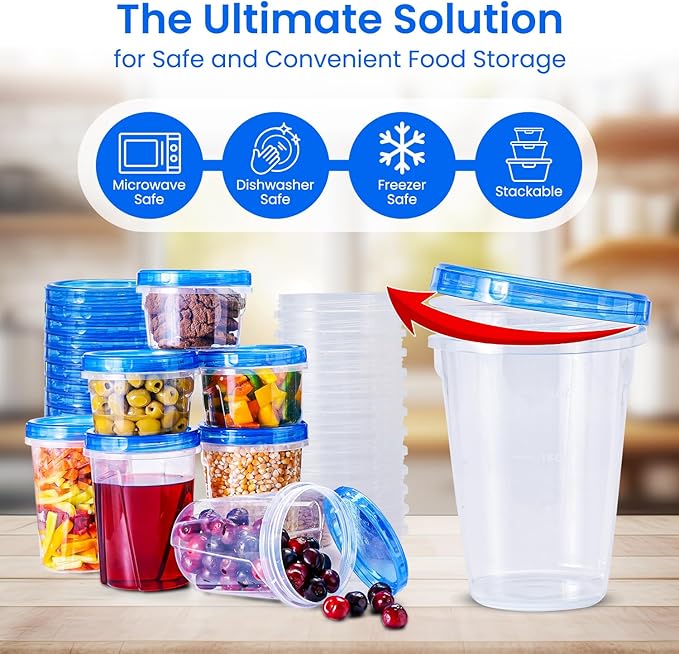 RFAQK Freezer Storage Containers with Lids-12 Plastic 32 oz Deli Containers with 12 Screw Lids-Freezer Containers for Soup with Twist Top Lids-Reusable Plastic Box for Lunch, Gym, Travel (48pcs-Mix)