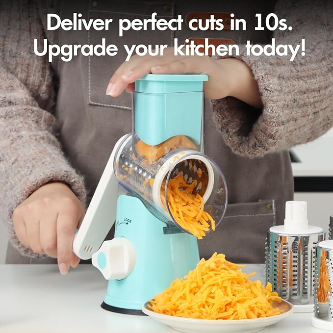 Cheese Grater Hand Crank, Rotary Vegetable Shredder with Handle and Strong Suction base, 3 in 1 Kitchen Speed Spin Veggie Slicer Nut Grinder for Pizza Top, Hash brown, Salad and More (Blue)
