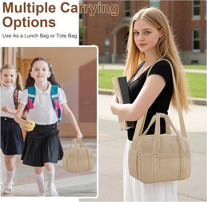 Corduroy Lunch Box Lunch Bag for Women Men, Cute Strawberry Small Insulated Reusable Work Leakproof Simple Lunch Boxes Tote Bag Adults Cooler Bag