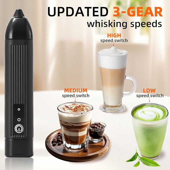 Rechargeable Milk Frother Handheld, 3 Speeds Electric Coffee Mixer Wand with Stainless Steel Whisk for Hot Chocolate, Eggs, Latte, Cappuccino (Black)