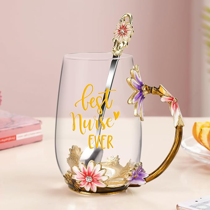 OEAGO Nurse Week Gifts for Women Tea Cup Nurses Day Gift for Nurse Doctor Assistant Appreciation Graduation Birthday Funny Present Enamel Flower Glass Mugs for Dentist from Patient Friends