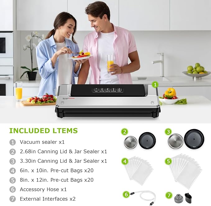 Bonsenkitchen Vacuum Sealer Machine with Mason Jar Sealer Kit | Compact Food Sealer for Kitchen Storage & Meal Prep | Multiple Modes | External Vacuum System & 40 Vacuum Bags, Silver
