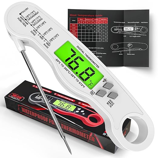 Meat Thermometer Digital - Fast Instant Read Food Thermometer for Cooking, Candy Making, Outside Grill, IP67 Waterproof Kitchen Thermometer with Backlight, Stocking Stuffers for Men - White