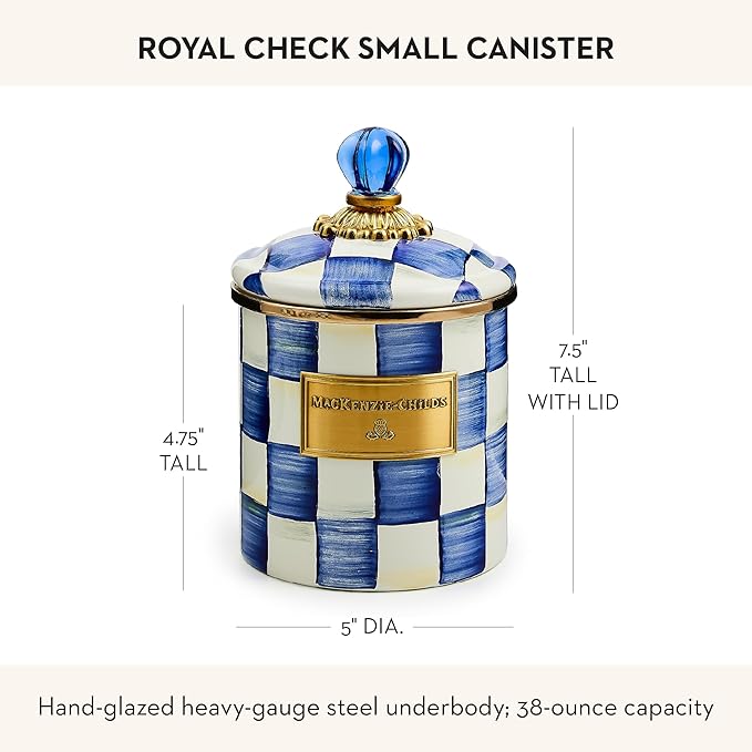 MACKENZIE-CHILDS Small Enamel Canister, Kitchen Storage Container for Flour and Sugar, 1.13 Liters, Blue-and-White Royal Check