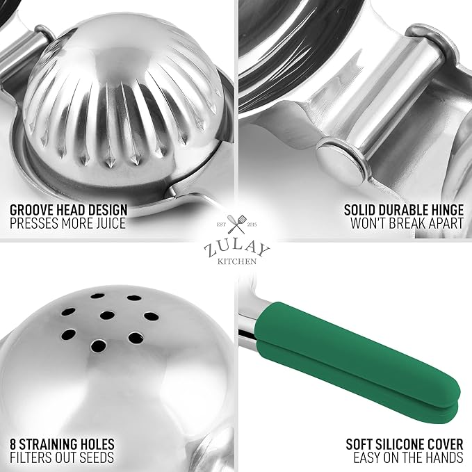 Zulay Kitchen Lemon Squeezer Stainless Steel with Premium Heavy Duty Solid Metal Squeezer Bowl and Food Grade Silicone Handles - Large Manual Citrus Press Juicer and SS Lime Squeezer (Green)