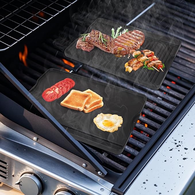 Cast Iron Griddle for Gas Grill, 16" x 24" Reversible Pre-Seasoned Large Flat Top Griddle Plate for Camp Chef etc., Stovetop/Electric/Propane/Charcoal, Outdoor Cooking Oblong Grilling Pan for Camping