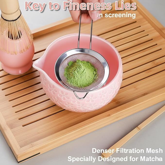 Pink Matcha Set - 5 Pcs Matcha Tea Set Includes Matcha Bowl with Spout, Bamboo Scoop, Sifter, Whisk and Holder, Matcha Whisk Set Pink Christmas Birthday Gift