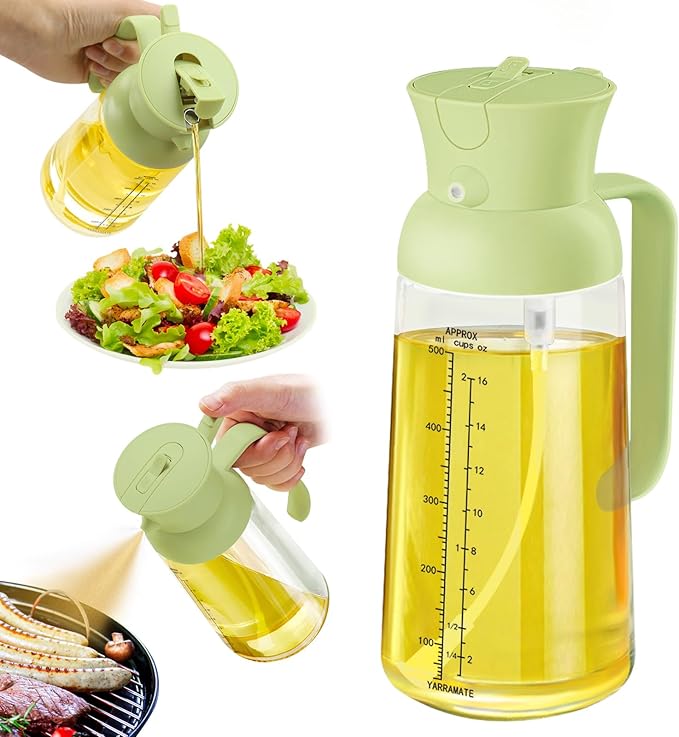 YARRAMATE Large Capacity 2 in 1 Oil Sprayer for Cooking with Measuring, 18oz/550ml Olive Oil Dispenser for Kitchen, Food-grade Oil Spritzer Bottle for Air Fryer, Salad BBQ (Green)