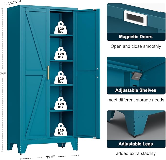 71" Tall Metal Storage Cabinet with 2 Doors and 4 Adjustable Shelves, 5-Tier Kitchen Pantry Storage Cabinet for Kitchen, Living Room, Dining Room and Office, Blue