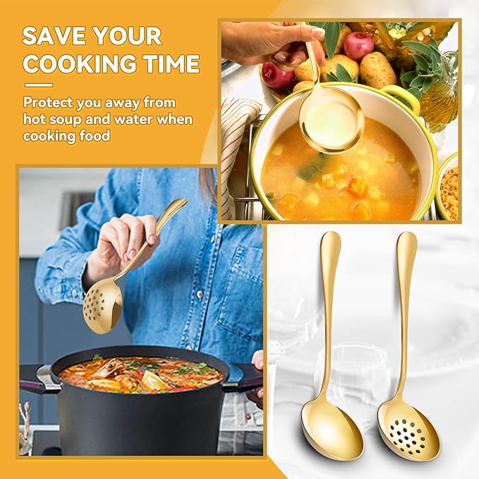 Gold Serving Utensils Set for Partie, Stainless Steel Metal Large Serving Spoons, Slotted Spoons, Forks, Tongs, Soup Spoons, Skimmer Spoon, Cake Server for Buffet, Catering, Entertaining 15pcs