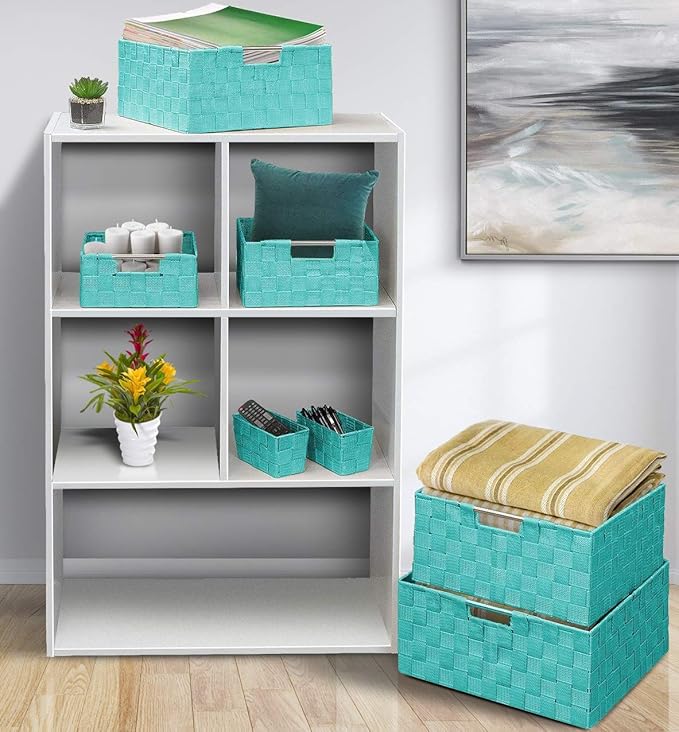 Sorbus Storage Baskets for Organizing (Set of 7), Mesh Hand-Woven Design, Linen Closet Organizers and Storage, Organizer Storage Baskets for Shelves, Variety Pack Organizers and Storage (Aqua)