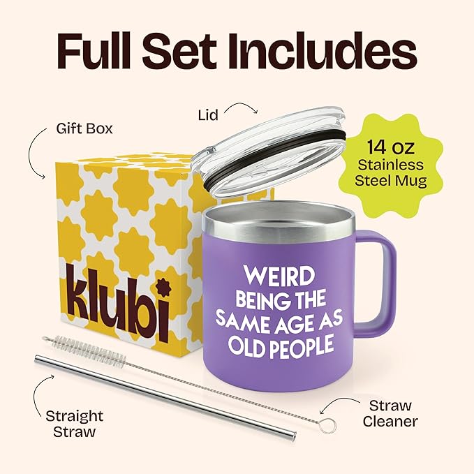 KLUBI 40th Birthday Gifts Women - Weird Being The Same Age As Old People 14oz 50th 60th Birthday Gifts for Women Over 60 Purple Bday Gift Ideas for Adults Cute Funny Celebration Gift for Elderly