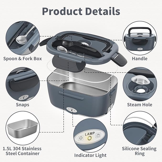 Vingud Electric Lunch Box for Adults, Heated Lunch Box Food Warmer, 80W Portable Heating Lunchbox for Men/Car/Truck with 1.5L Stainless Steel Container, 12V/24V/110V Lonchera Eléctrica Portátil Gift
