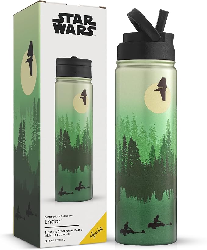 JoyJolt Stainless Steel Star Wars Water Bottle 22 oz with Straw Lid, BPA-Free Sports and Travel Vacuum Insulated Water Bottle, Destination Collection Endor Bottle, Star Wars Gifts