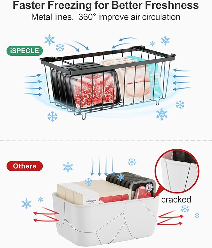 iSPECLE Freezer Storage Bins - 6 Pack Small Stackable Deep Freezer Organizer Bins for Most 7 Cu.FT Chest Freezer Sort Frozen Food, Freezer Basket with Handles Easy to Get Food from Bottom, Black