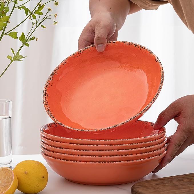 Farmhouse Melamine Pasta Bowls set, 42 OZ Large Fruit Bowl, Lightweight and Unbreakable Salad Serving Bowl, Set of 6, 9.25 inch Wide and Shallow Dinner Bowls, Dishwasher Safe,Orange…