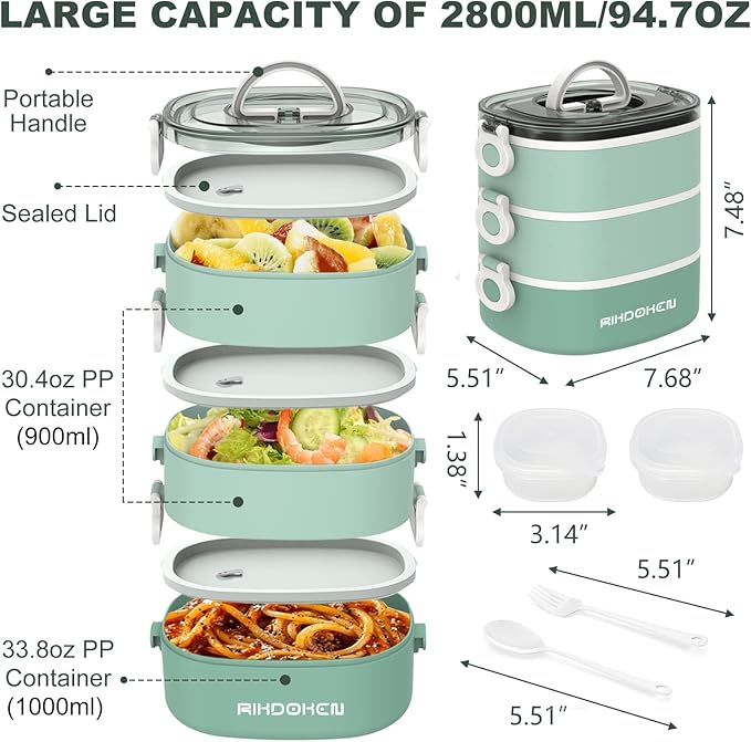 Lunch Box, Stackable 3 Layers Containers, Portable 94OZ Large Capacity Leakproof Bento Box with Spoon & Fork & Sauce Boxes, Microwave Safe Lunch Box for Kids and Adults