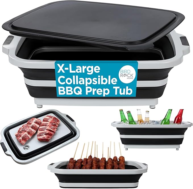 BIRDROCK HOME Collapsible XL BBQ Prep Tub w/Cutting Board, Multi-Function Grill Caddy w/Colander & Lid, Portable Silicone Dish Bowl for Picnic, Tailgate, Camping - Black