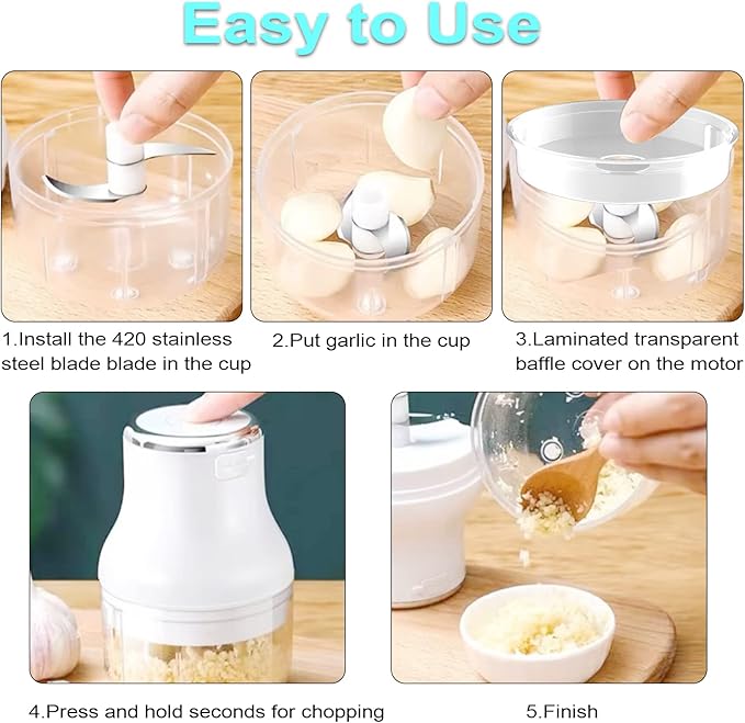 Garlic Chopper, Mini Food Processor, USB Rechargeable Mini Chopper, Powerful Garlic Crusher, Blender to Vegetable, Wireless Vegetable Chopper for Ginger, Chili, Fruit, Meat, etc（250ML）
