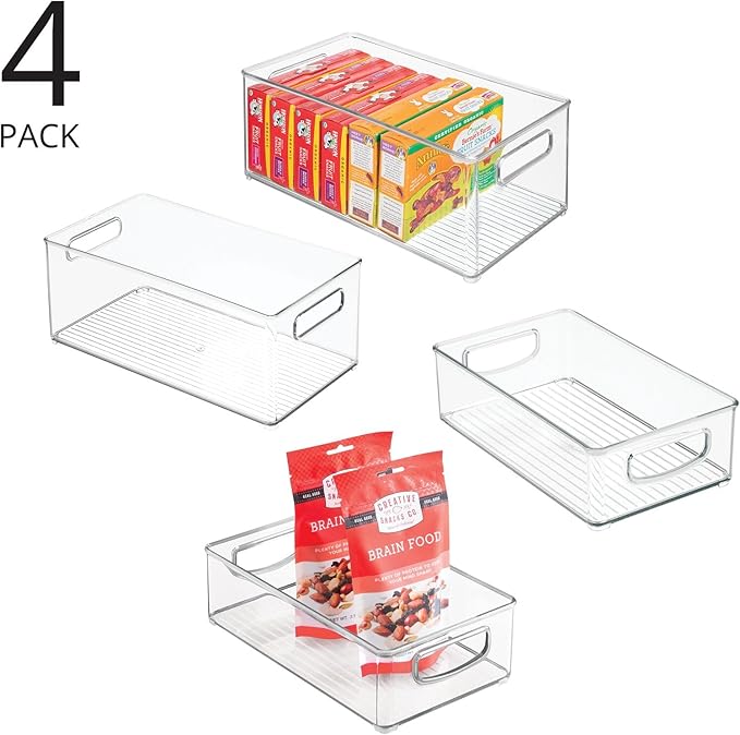 mDesign Deep Plastic Kitchen Storage Organizer Container Bin for Pantry, Cabinet, Cupboard, Shelves, Fridge, or Freezer - Holds Dry Goods, Sauces, Condiments, Drinks, Ligne Collection, 4 Pack, Clear