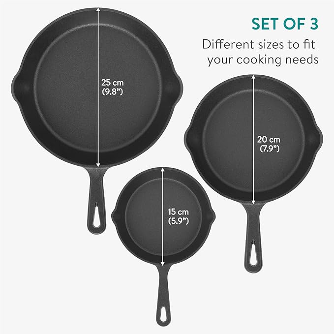 Navaris Cast Iron Skillet, 3 Pieces - Durable 15cm/20cm/25cm Cast-Iron Pan Set - Excellent Heat Retention, Ideal for Frying, Searing, and Sautéing - All-in-one Cookware Pot Set