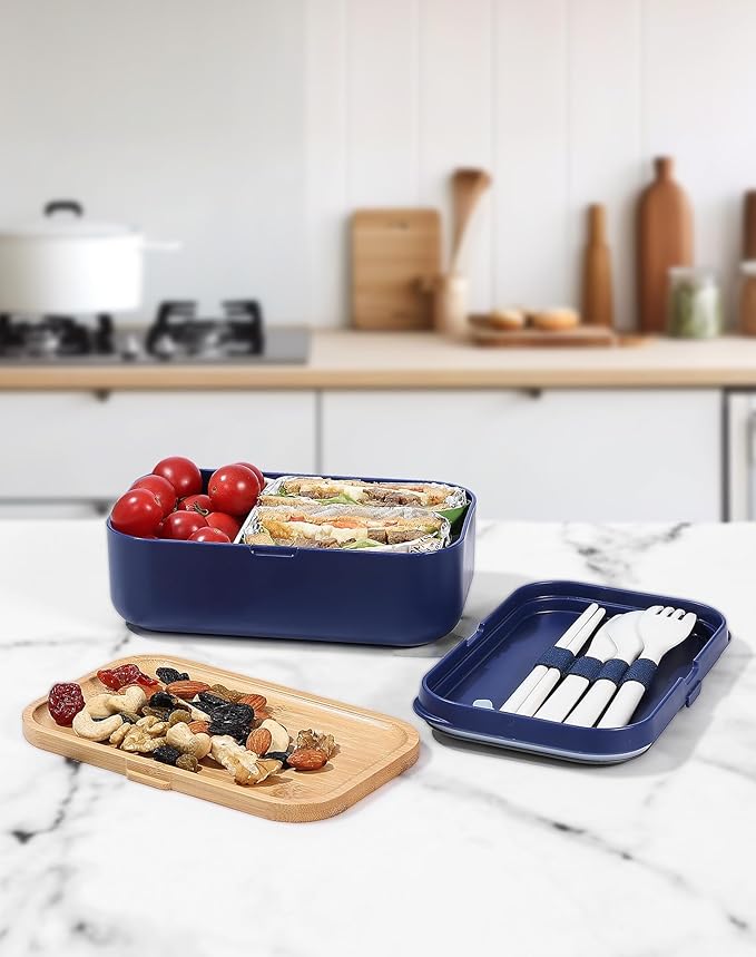 Bento Box for Adult Lunch Containers with Utensils for Men/Women Blue - Natural Bamboo Lid, Chopsticks, Microwave Safe, Dishwasher Safe, Bpa Free, Gifts for Women, Cute, Small