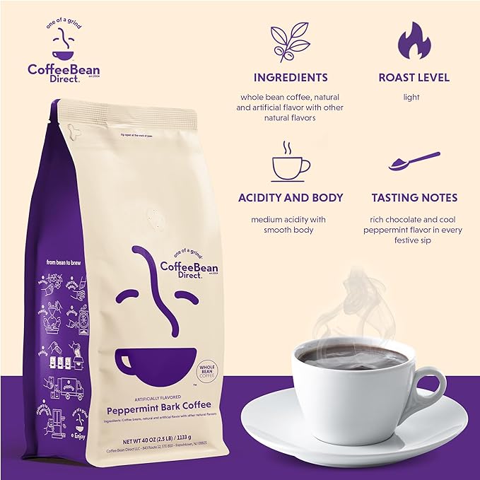 Coffee Bean Direct Peppermint Bark Flavored, Whole Bean Coffee, 2.5 Pound Bag (Pack of 1)