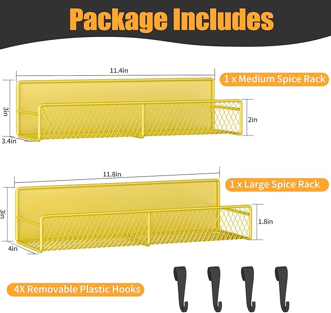 Magnetic Spice Rack for Refrigerator, 2 Pack 100% Metal Strong Magnet Shelf, Space Saving Spice Organizer W/ Hooks, Movable Magnetic Fridge Shelf, Kitchen Home Laundry Room Storage Organization,Yellow