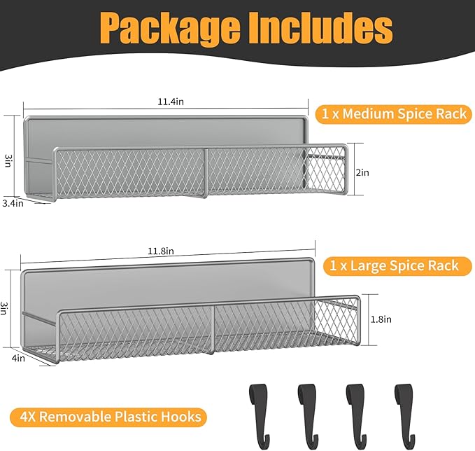 Magnetic Spice Rack for Refrigerator, 2 Pack 100% Metal Strong Magnet Shelf, Space Saving Spice Organizer W/ Hooks, Movable Magnetic Fridge Shelf, Kitchen Home Laundry Room Storage Organization, Grey