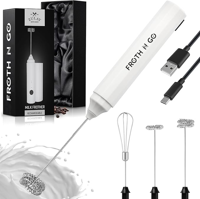 Zulay Froth N Go Milk Frother – Rechargeable 3-in-1 Handheld Frother Wand with Travel Case & USB-C Charger – Single, Double & Egg Whisk for Latte, Cappuccino, Matcha, Protein Shakes – White
