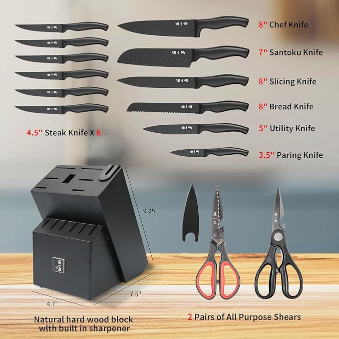 ZHANG XIAO QUAN SINCE 1628 15Pcs Knife Sets with Block, knife sets for kitchen with block High Carbon Stainless Steel Built-in Sharpener(Black)