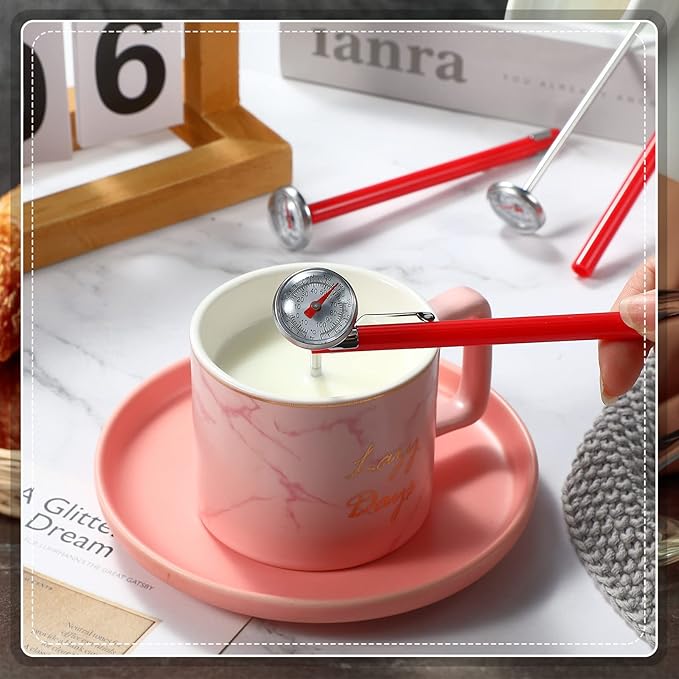 Xuhal 12 Pcs Stainless Steel Kitchen Thermometer with 5 Inch Long Stem 1 Inch Dial Thermometer Milk Frothing Food for Oven Probe Meat Grill BBQ Cooking Chocolate Water (Red)