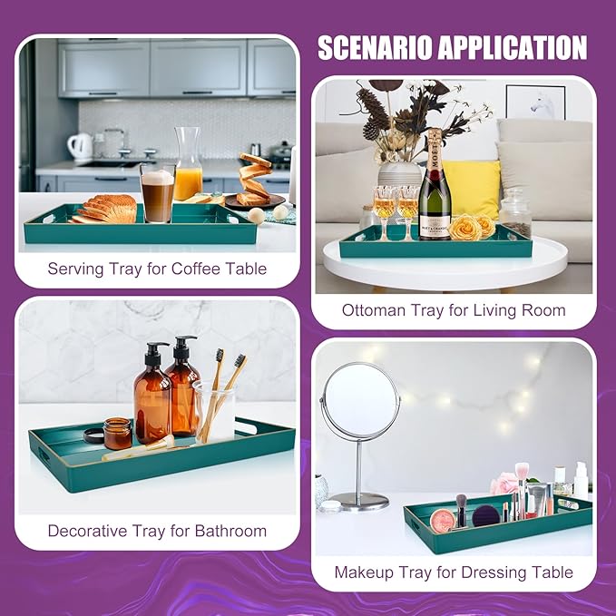 Gifturbo Teal Serving Tray,Rectangular Serving Trays with Handles, Plastic Coffee Table Tray Decorative Tray for Ottoman,Living Room, Bathroom, 15.7” x 10.2” x1.37”
