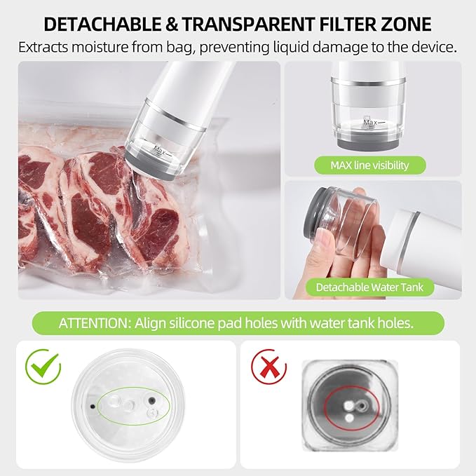 Vacuum Sealer for Food, with 30 Reusable Vacuum Bags, Handheld Vacuum Sealer with Auto-Stop、Detachable Filter and Visible Water Tank, Seal Meal Saver