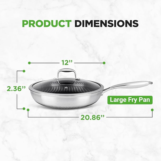 NutriChef 12" Stainless Steel Frying Pan with Lid- Triply Hybrid Large Skillet, Scratch-resistant Raised-up Honeycomb Fire Textured Pattern, Oven & DIshwasher Safe, NC3PL12