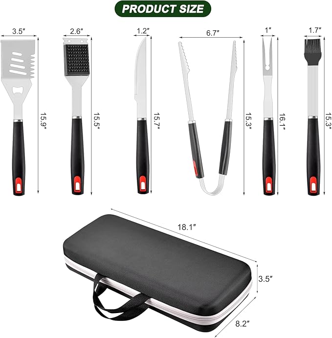 Grilling Accessories Set Spatula Fork Cleaning Brush Food Tongs Carving Knife Basting Brush Durable Stainless Steel BBQ Grill Tools with Extra Thick Storage Case BBQ Accessories Grill Set