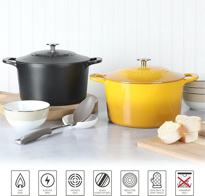 MARTHA STEWART Gatwick 7-Quart Enamel Cast Iron Dutch Oven Pot with Lid – Yellow – Heavy-Duty Dutch Oven for Slow Cooking, Braising & Baking
