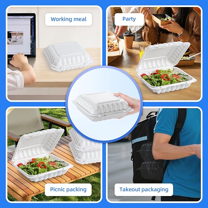 YANGRUI Food Containers 9 Inch 41 oz 100 Pack - Shrink Wrapped Sanitary | Mineral Filled BPA Free PP Plastic | Reusable Heavy Duty Freezer & Microwave Safe | Stackable Design Takeout Container