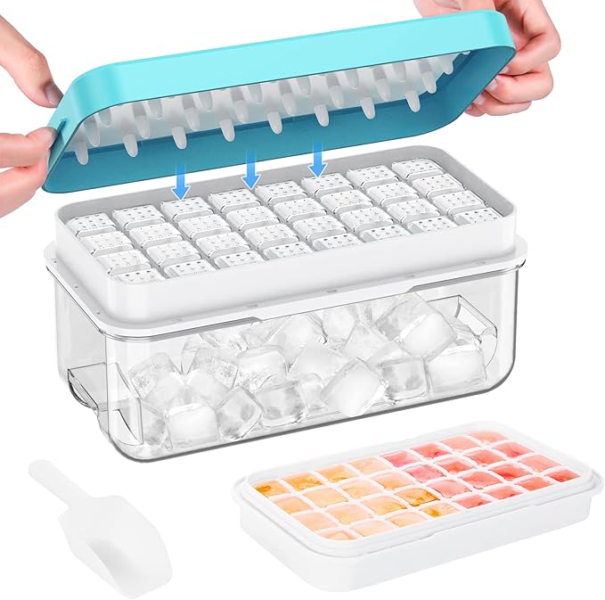 Ice Cube Tray with Lid and Bin, 32 pcs Ice Cubes Molds, Ice Trays for Freezer, Ice Cube Tray Mold, with 1 tray, Ice Freezer Container, Spill-Resistant Removable Lid & Ice Scoop, for Whiskey,Cocktail