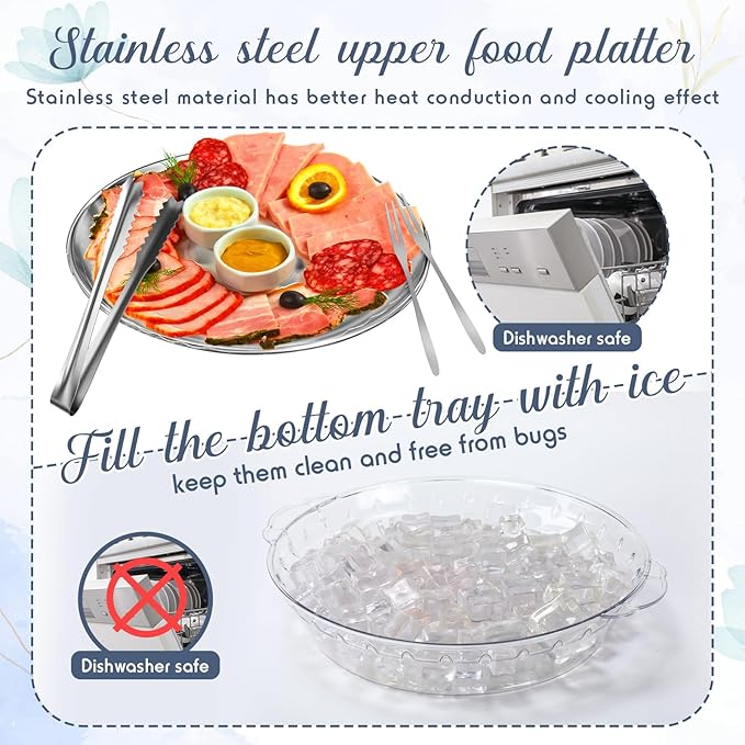 Baderke 4 Sets 11.8" Chilled Serving Tray for Parties Round Iced Platter with Ice Underneath Stainless Steel Clip Fruit Fork Shrimp Cocktail Serving Dish for Oysters Crawfish Fruits (Original)