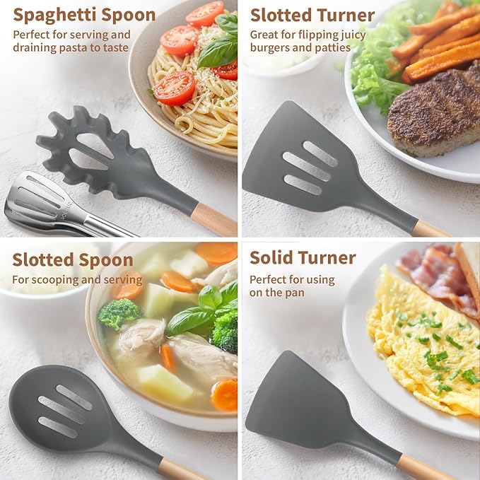 77L 32 PCS Silicone Kitchen Cooking Utensils Set, Non-Stick Cooking Kitchen Utensils Spatula Set with Holder, Turner, Tongs, Spatula, Spoon, Wooden Handle Kitchen Gadgets Utensil Set, Dishwasher Safe