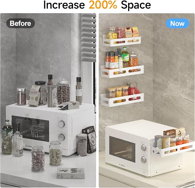 4 Pack Magnetic Spice Rack for Refrigerator, Spice Rack Organizer, Moveable Magnetic Shelf Fridge Organizer with 4 Hooks for Kitchen and Oven Organization, White