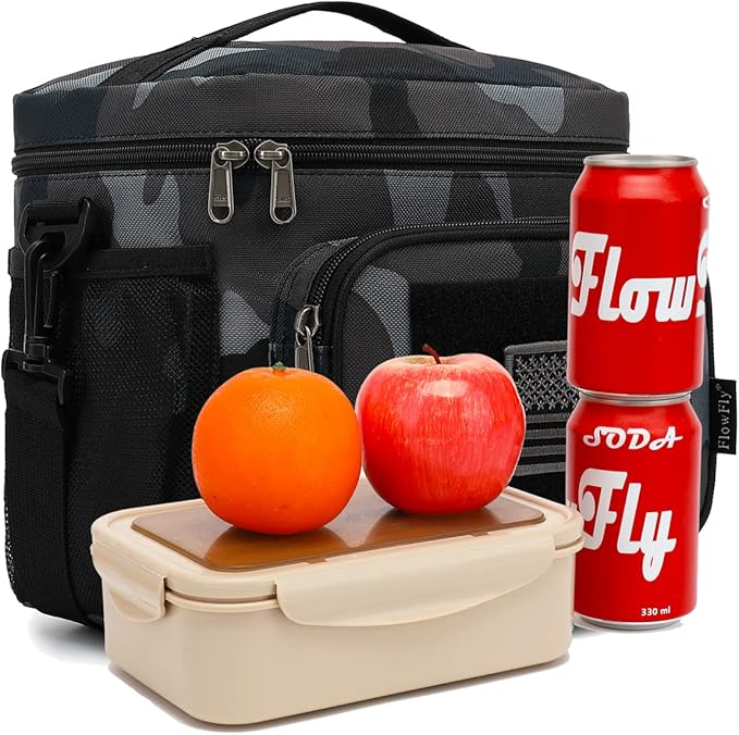 FlowFly Lunch Bag, Insulated Cooler, Thermal Lunch Box Tote with MOLLE/PALS Webbing, Adjustable Padded Shoulder Strap, for Tactical Men Women Adults and Boys Girls Kids (Black#Camo, Medium)